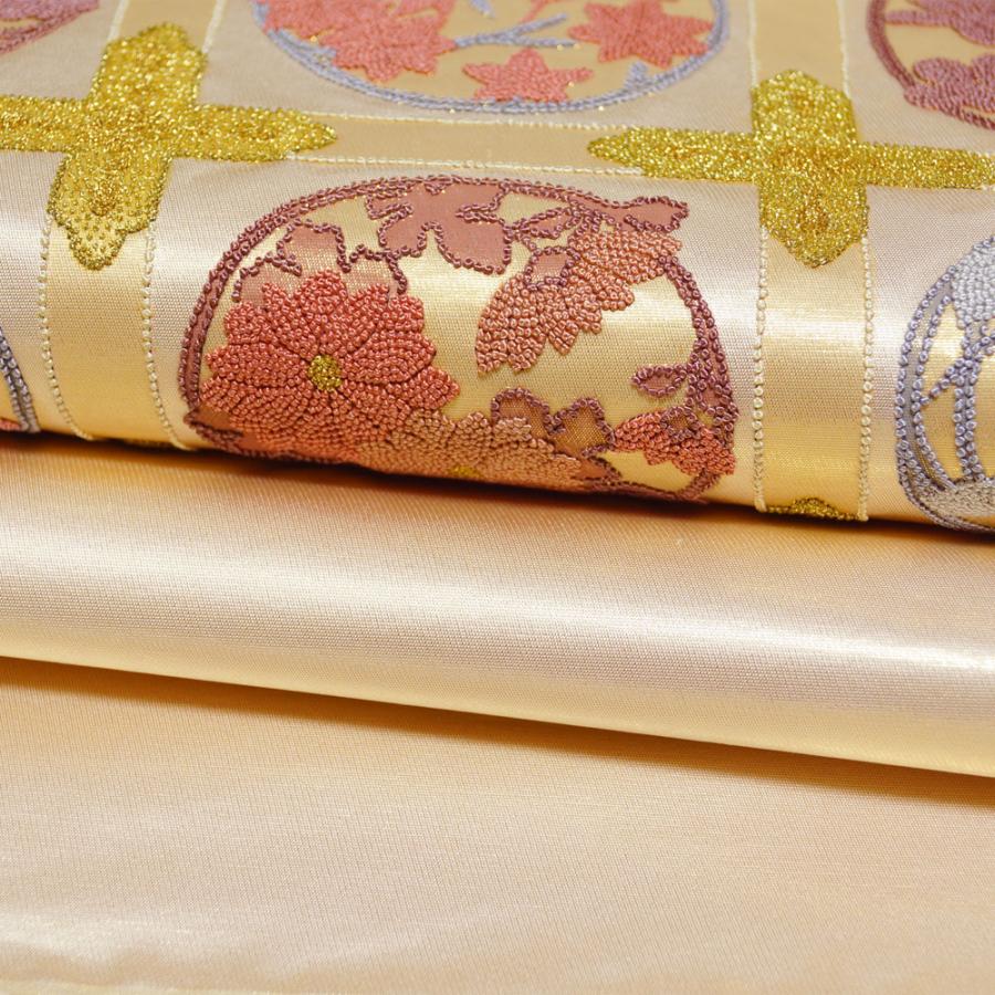 袋帯 相良刺繍 未使用品 天井格子に春秋草花模様 金通し 金糸 袋帯 相良刺繍 未使用品 天井格子に春秋草花模様 金通し 金糸