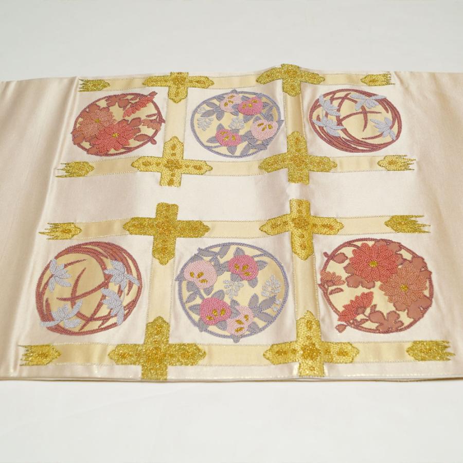 袋帯 相良刺繍 未使用品 天井格子に春秋草花模様 金通し 金糸 袋帯 相良刺繍 未使用品 天井格子に春秋草花模様 金通し 金糸