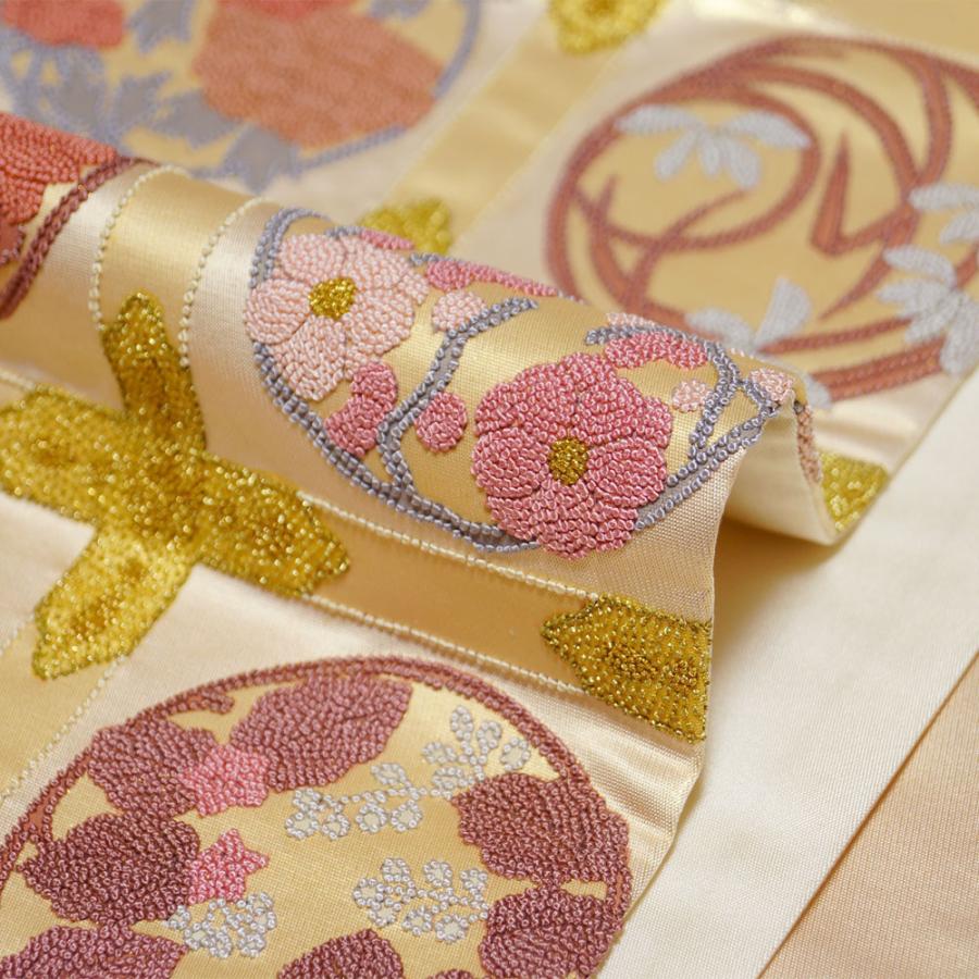 袋帯 相良刺繍 未使用品 天井格子に春秋草花模様 金通し 金糸 袋帯 相良刺繍 未使用品 天井格子に春秋草花模様 金通し 金糸