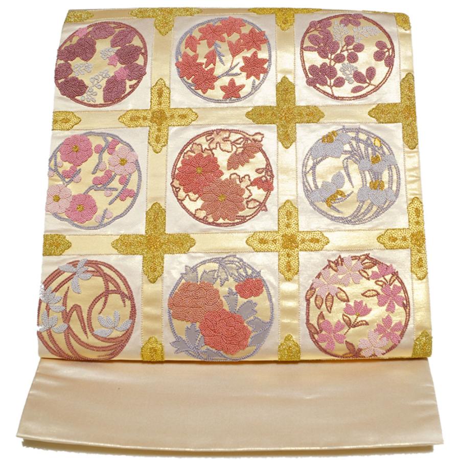 袋帯 相良刺繍 亀甲に花柄模様 金糸 白百合色 KO-952 袋帯 相良刺繍 亀甲に花柄模様 金糸 白百合色 KO-952