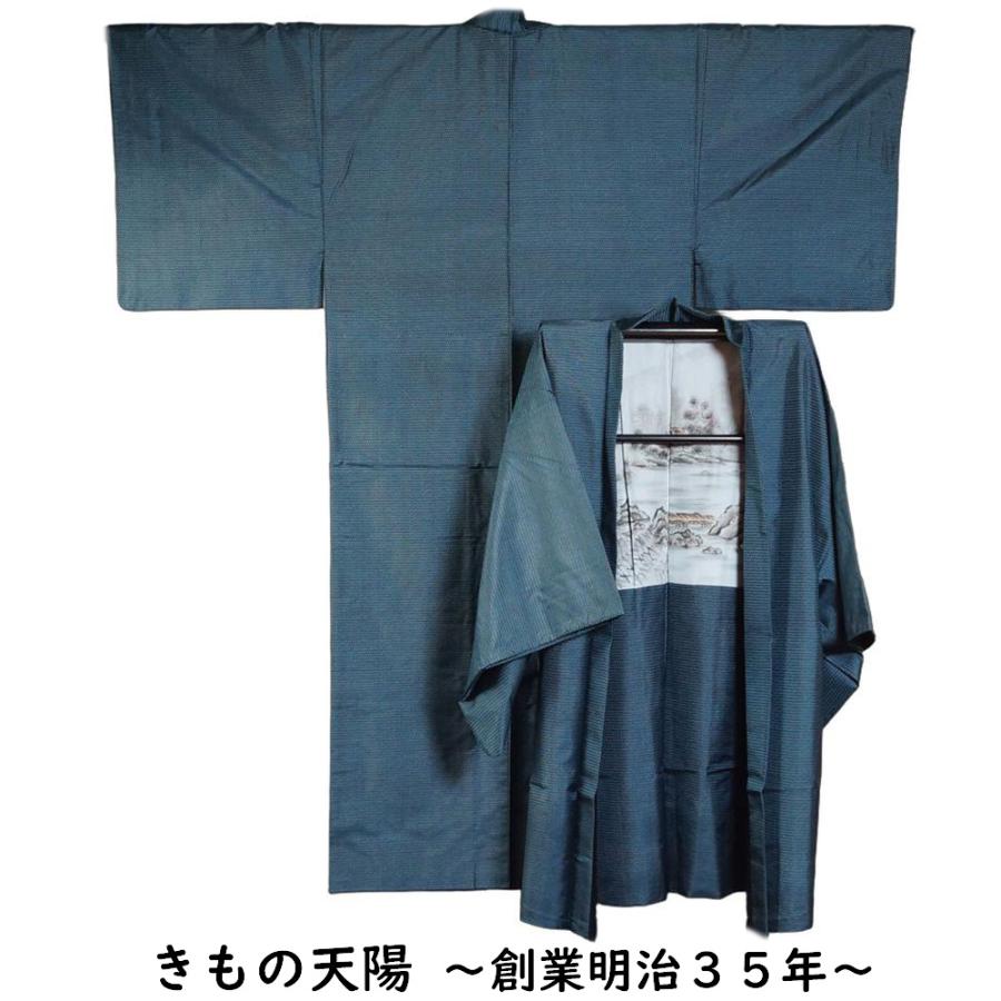 男着物 大島紬 アンサンブル 着物・羽織 亀甲模様 Mサイズ 藍染 送料 