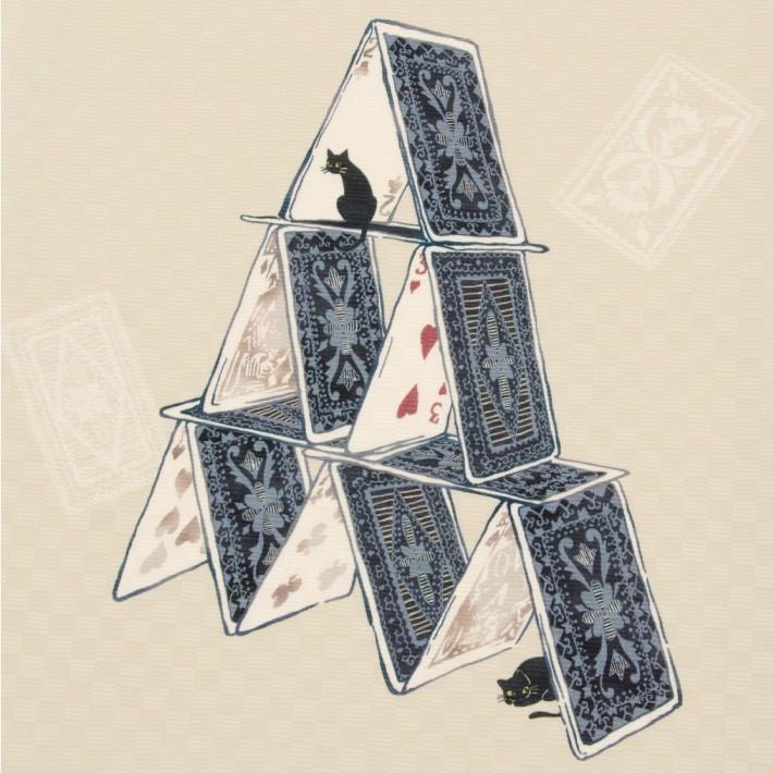 着物 帯 召しませ花 京袋帯 正絹 トランプタワー 猫 黒猫 オフ