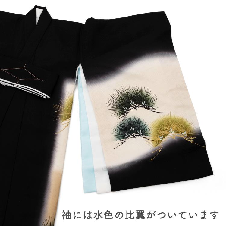 ◆男の子　正絹男児祝い着　お宮参り男児着物　黒色　松と鷹のデザイン羽織 日本製 お宮参り 着物 男の子 初着 産着 正絹 鷹 松 黒 男児 祝着 掛け着 販売