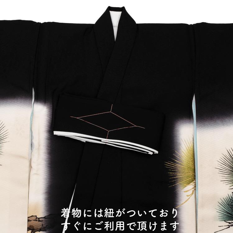 ◆男の子　正絹男児祝い着　お宮参り男児着物　黒色　松と鷹のデザイン羽織 日本製 お宮参り 着物 男の子 初着 産着 正絹 鷹 松 黒 男児 祝着 掛け着 販売