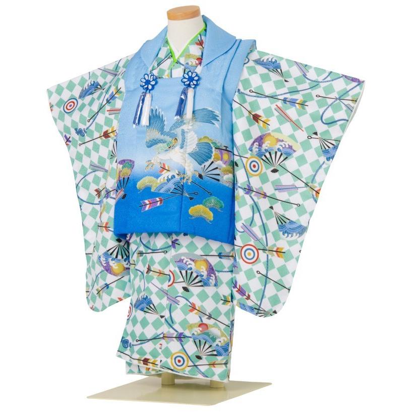 七五三 着物 3歳 被布セット 男の子 京都 花うさぎ 緑色の着物 水色ｘ青色の被布コート 扇 松 矢絣 鷹 フルセット 販売 Ig 1 販売 購入 3400 着物タウン 通販 Yahoo ショッピング