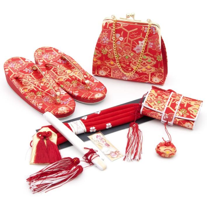 美品★ 七五三女の子7歳 赤筥迫はこせこセット小物7点セット足袋おまけつき！ 七五三 7歳 七歳 はこせこセット 筥迫セット 草履 バッグ 筥迫 女の子