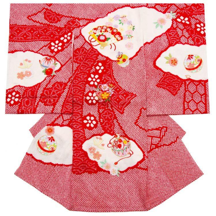 お宮参り 着物 女の子 通販 初着 産着 正絹 扇 鈴 鞠 桜 赤 絞り