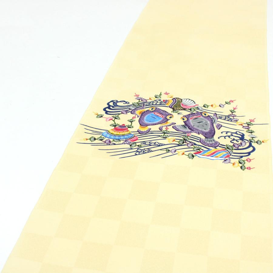 和遊館 即決ona4844 知念びんがた工房 知念績元 作｜琉球紅型 九寸名古屋帯 お太鼓柄 フグ 黄色系 お仕立て付きの画像