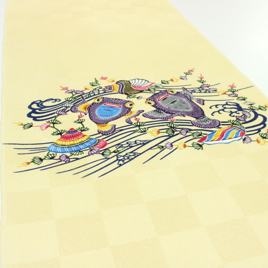 和遊館 即決ona4844 知念びんがた工房 知念績元 作｜琉球紅型 九寸名古屋帯 お太鼓柄 フグ 黄色系 お仕立て付きの画像
