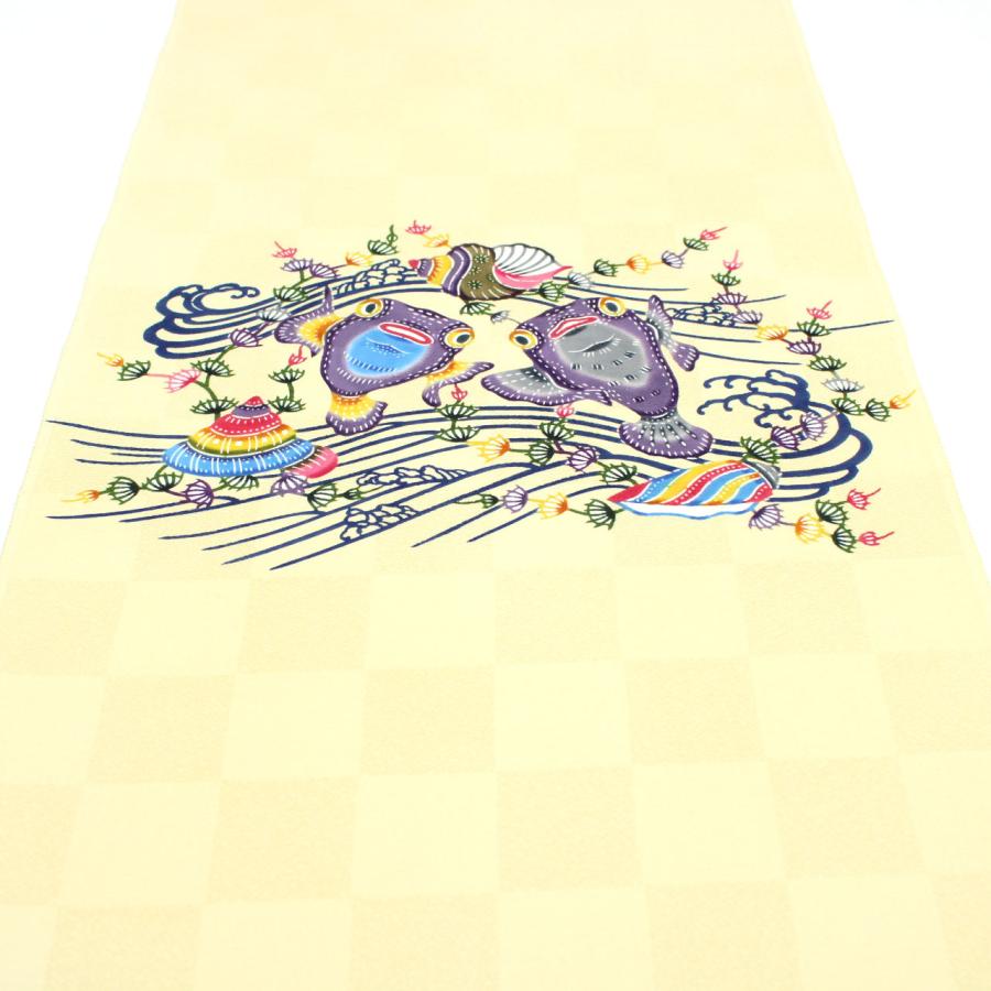 和遊館 即決ona4844 知念びんがた工房 知念績元 作｜琉球紅型 九寸名古屋帯 お太鼓柄 フグ 黄色系 お仕立て付きの画像