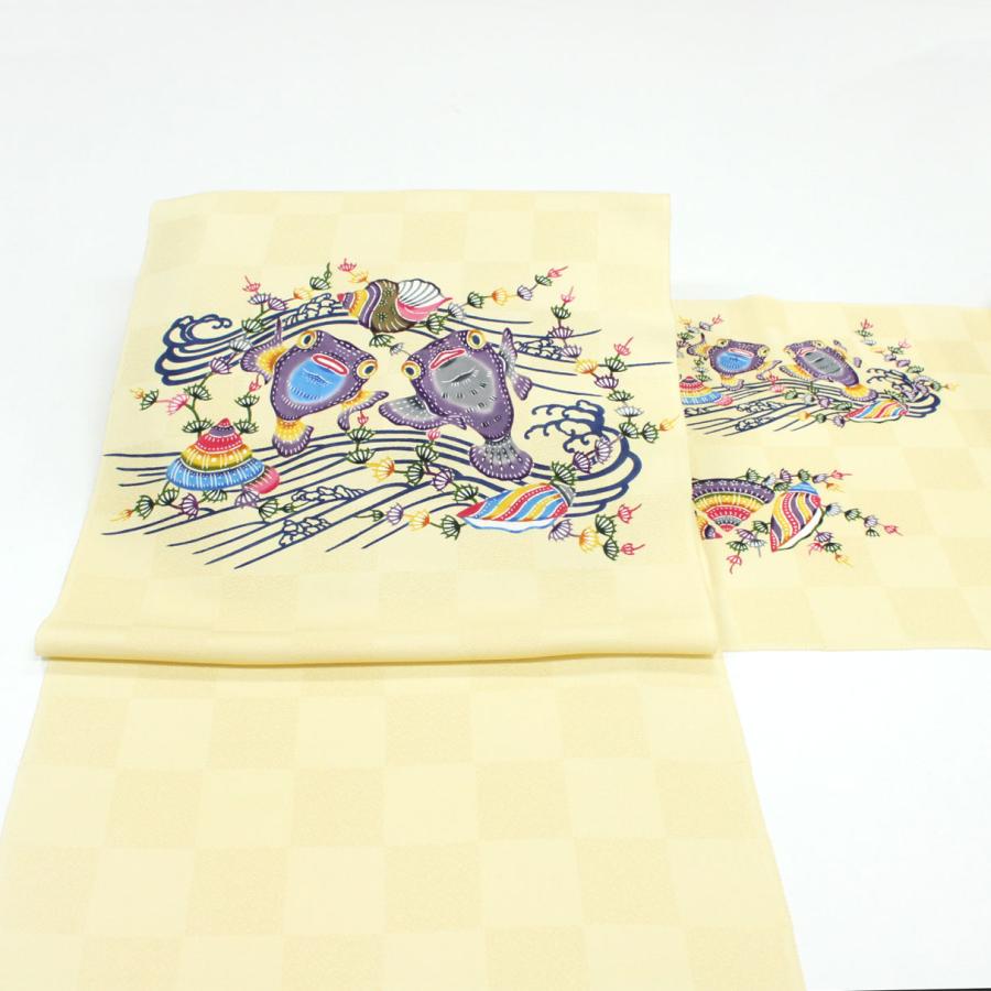 和遊館 即決ona4844 知念びんがた工房 知念績元 作｜琉球紅型 九寸名古屋帯 お太鼓柄 フグ 黄色系 お仕立て付きの画像