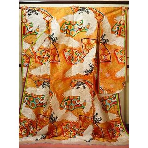 着物 打掛 女性用 和服 十二単風 裾カバー シルク 正絹 薄い オレンジがかった ゴールド 金 鶴 中古 Used リサイクル G0805d G0805d 楓庵 通販 Yahoo ショッピング
