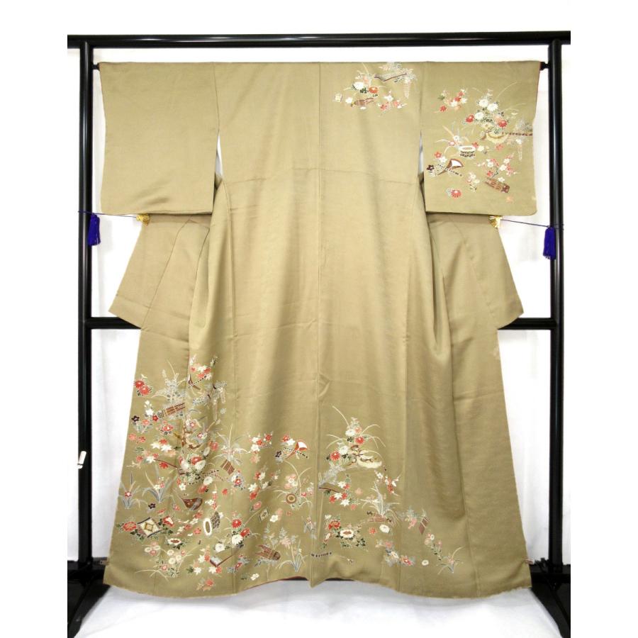 金彩加工 花柄 和楽器柄 訪問着 正絹 リサイクル クルミ色 胡桃色 渋い