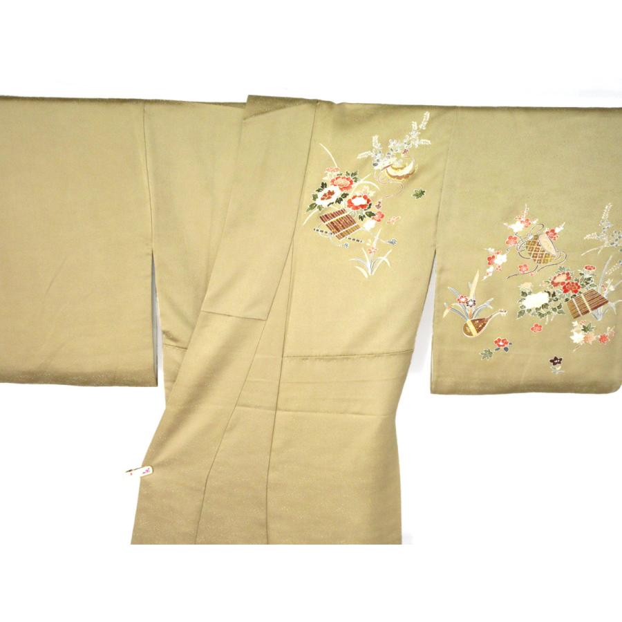 金彩加工 花柄 和楽器柄 訪問着 正絹 リサイクル クルミ色 胡桃色 渋い
