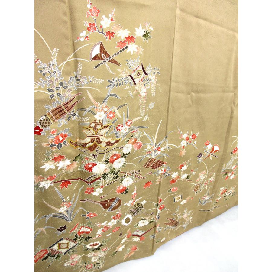 金彩加工 花柄 和楽器柄 訪問着 正絹 リサイクル クルミ色 胡桃色 渋い