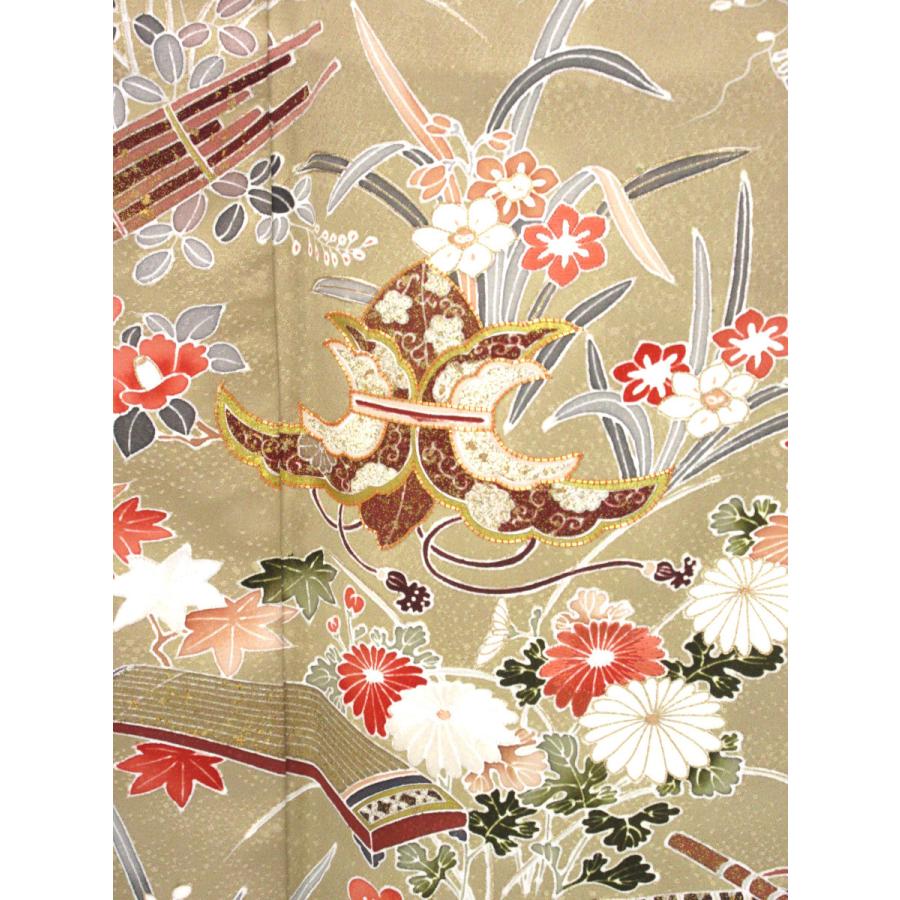 金彩加工 花柄 和楽器柄 訪問着 正絹 リサイクル クルミ色 胡桃色 渋い