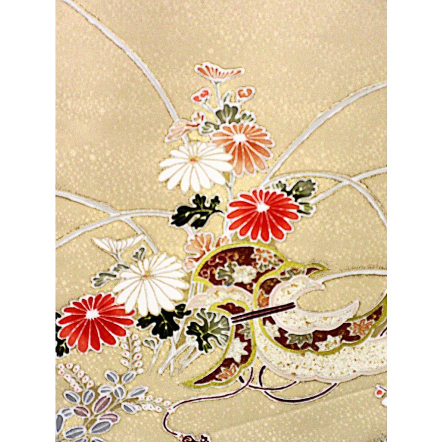 金彩加工 花柄 和楽器柄 訪問着 正絹 リサイクル クルミ色 胡桃色 渋い