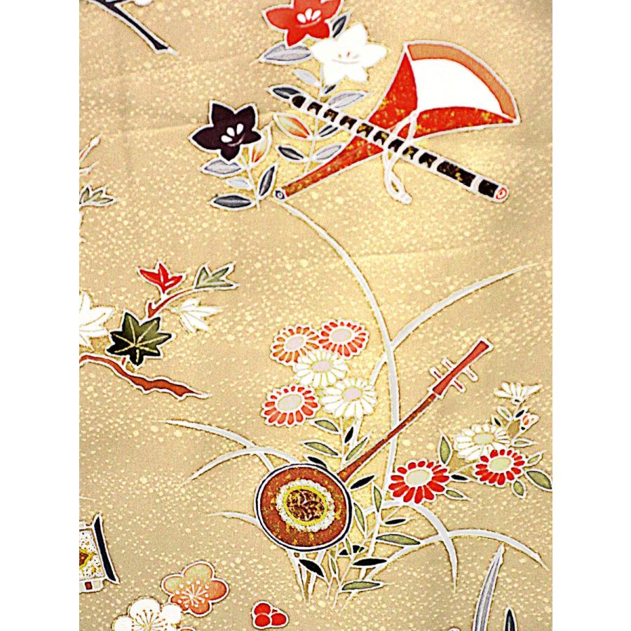 金彩加工 花柄 和楽器柄 訪問着 正絹 リサイクル クルミ色 胡桃色 渋い