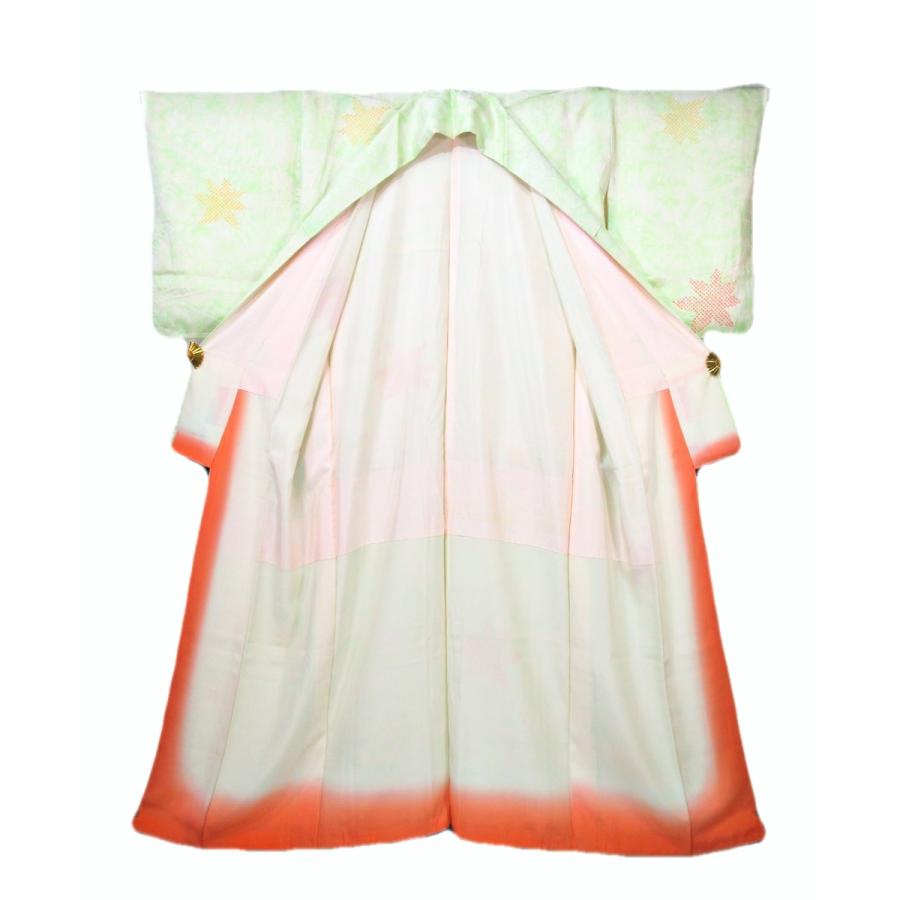 未使用　　アンティーク　正絹　しつけ付き　淡い黄緑色の絞り　楓　紅葉 小紋 手絞り パステルグリーン リサイクル お宮参り 七五三 パーティー お茶会 |  | 13