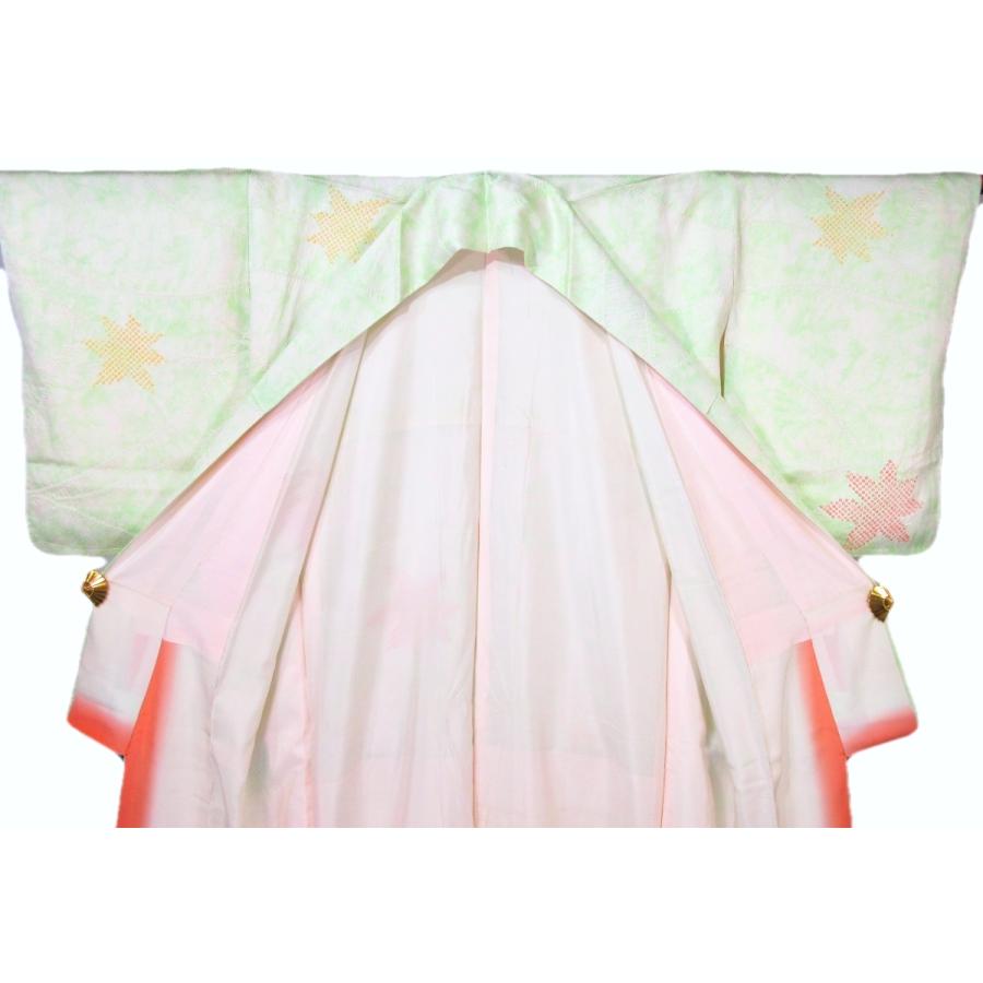 未使用　　アンティーク　正絹　しつけ付き　淡い黄緑色の絞り　楓　紅葉 小紋 手絞り パステルグリーン リサイクル お宮参り 七五三 パーティー お茶会 |  | 14