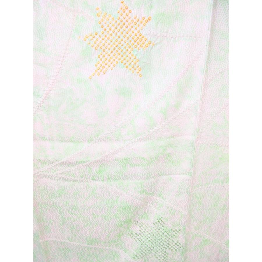 未使用　　アンティーク　正絹　しつけ付き　淡い黄緑色の絞り　楓　紅葉 小紋 手絞り パステルグリーン リサイクル お宮参り 七五三 パーティー お茶会 |  | 18