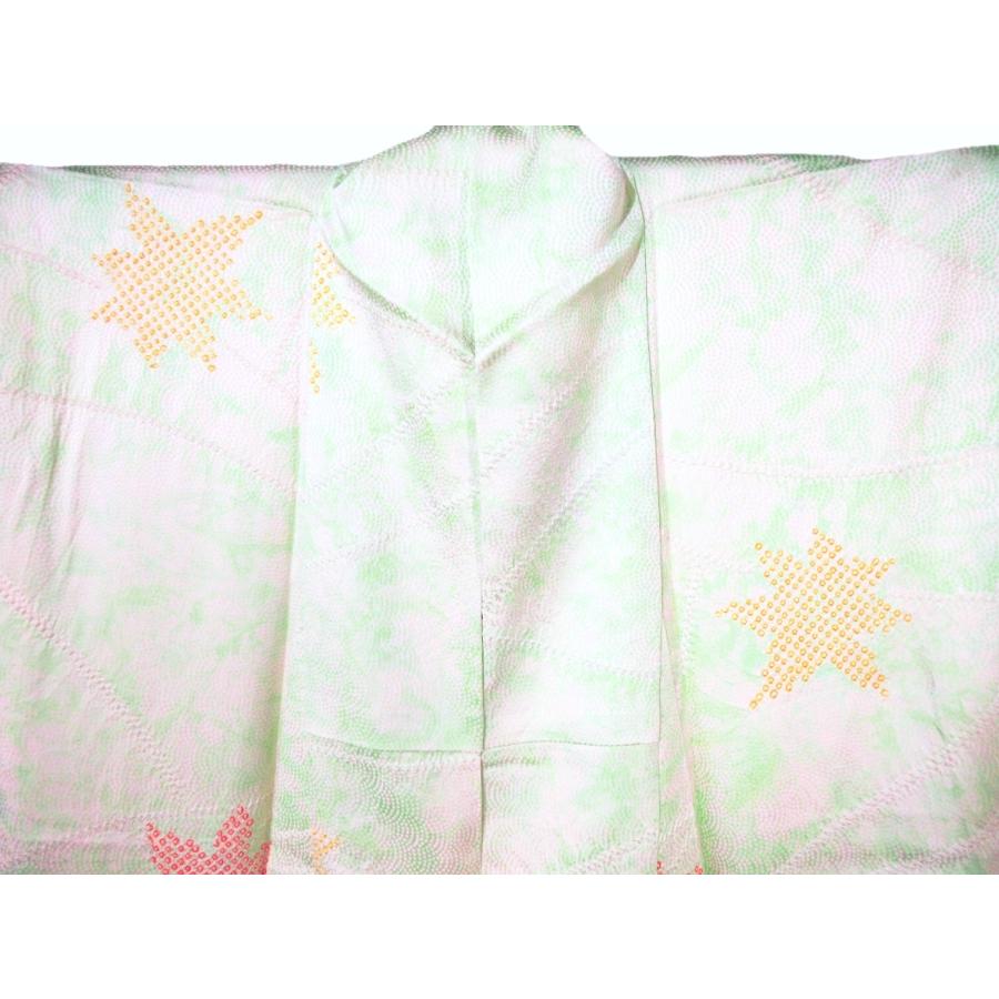 未使用　　アンティーク　正絹　しつけ付き　淡い黄緑色の絞り　楓　紅葉 小紋 手絞り パステルグリーン リサイクル お宮参り 七五三 パーティー お茶会 |  | 08