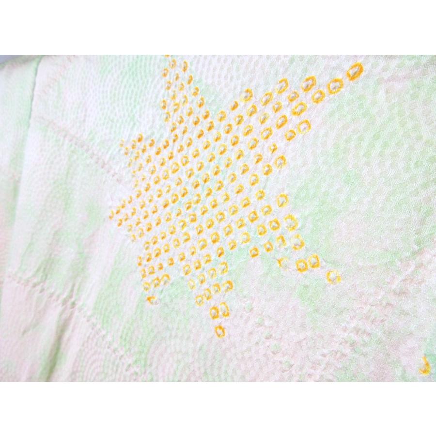 未使用　　アンティーク　正絹　しつけ付き　淡い黄緑色の絞り　楓　紅葉 小紋 手絞り パステルグリーン リサイクル お宮参り 七五三 パーティー お茶会 |  | 09