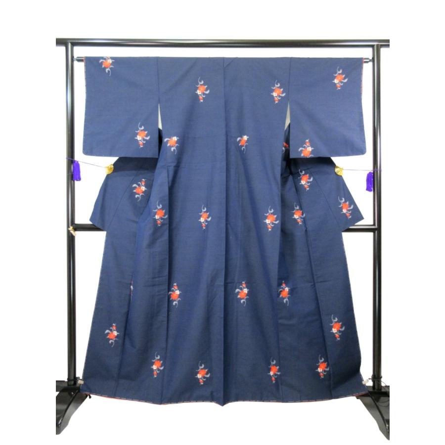 未使用　美品　シルク混 リサイクル　紬　紺色　青　絣　絣の着物　普段着　洒落着物　格安　花柄 | 