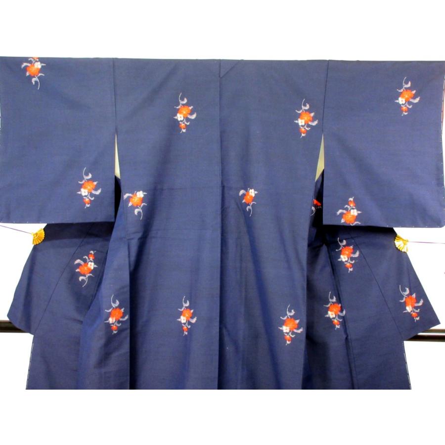 未使用　美品　シルク混 リサイクル　紬　紺色　青　絣　絣の着物　普段着　洒落着物　格安　花柄 |  | 01