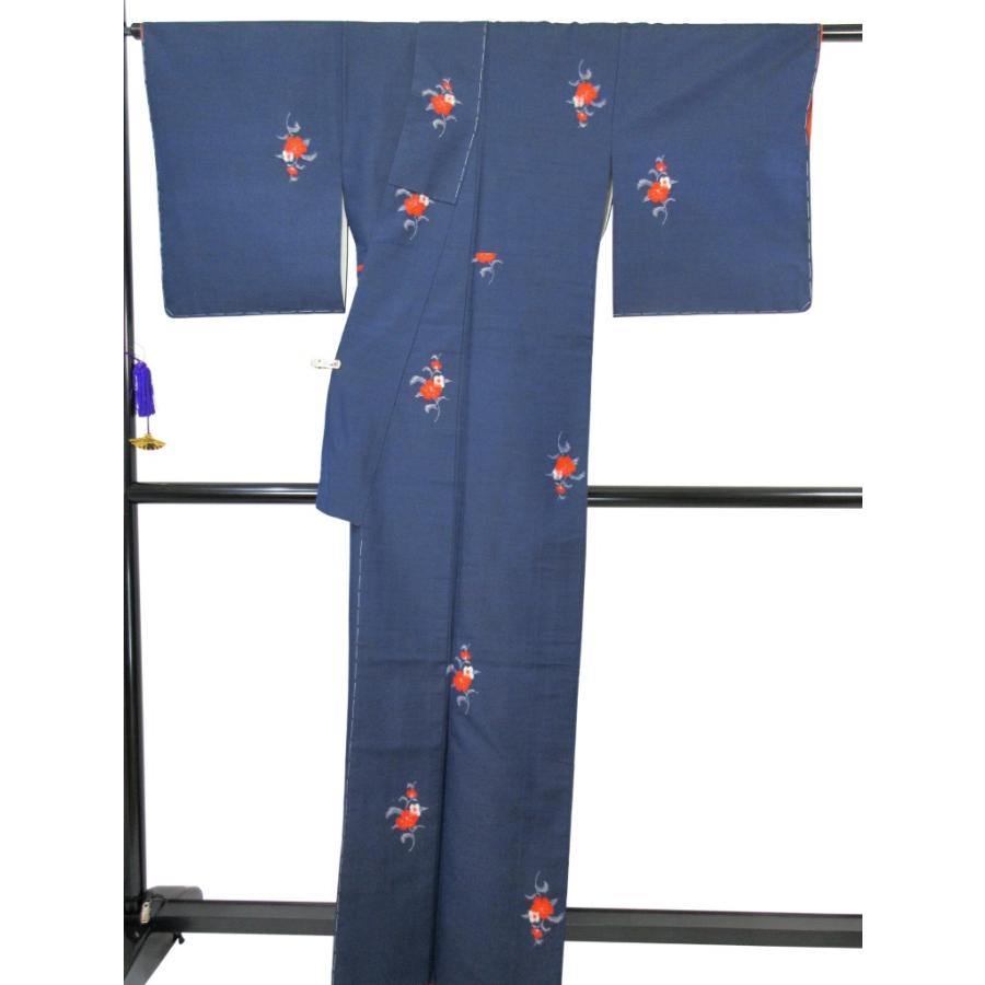 未使用　美品　シルク混 リサイクル　紬　紺色　青　絣　絣の着物　普段着　洒落着物　格安　花柄 |  | 07