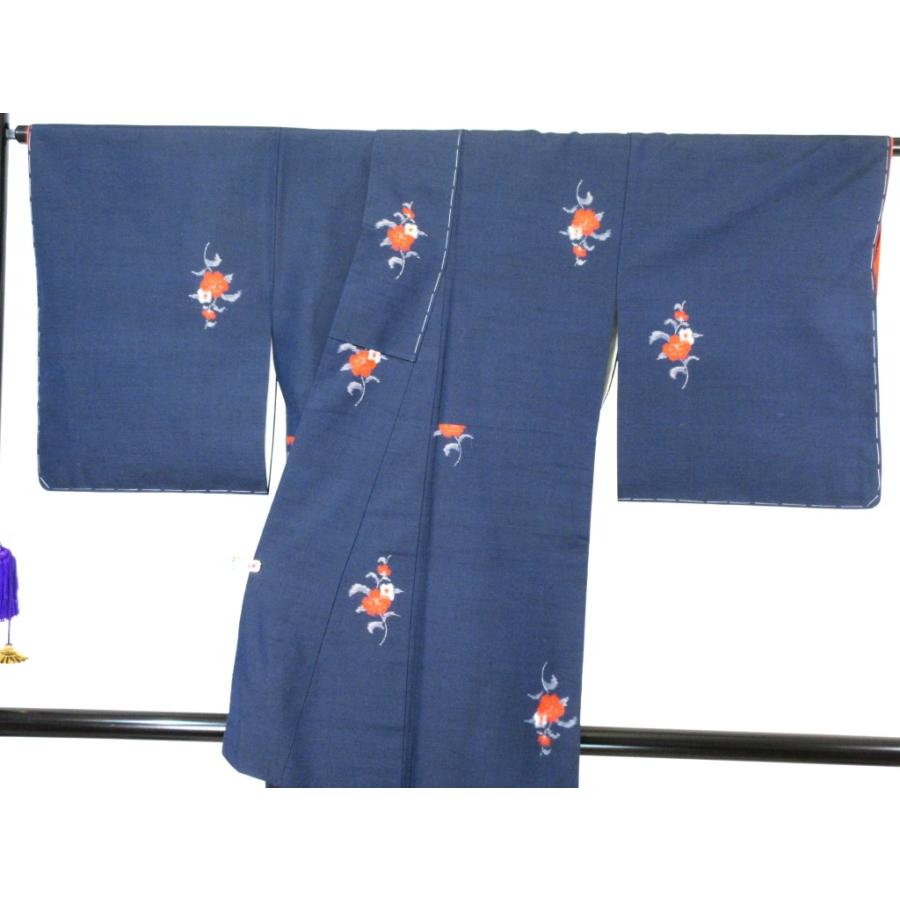 未使用　美品　シルク混 リサイクル　紬　紺色　青　絣　絣の着物　普段着　洒落着物　格安　花柄 |  | 08