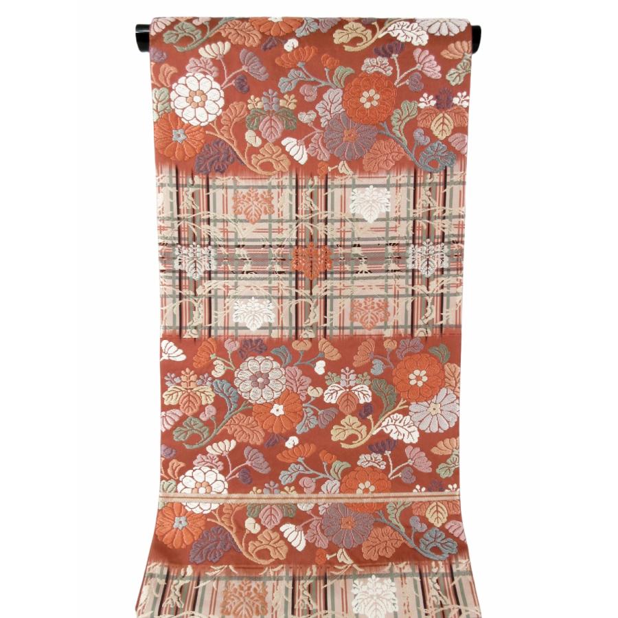 未使用 唐織り 袋帯 正絹 菊文様 桐文様 チェック柄 華やか 花柄 訪問  