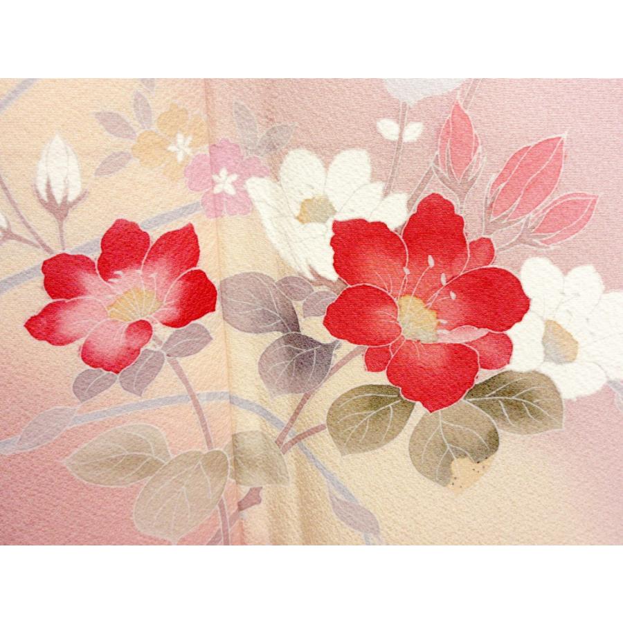 訪問着 花柄白ピンク花 黒地未使用に近い