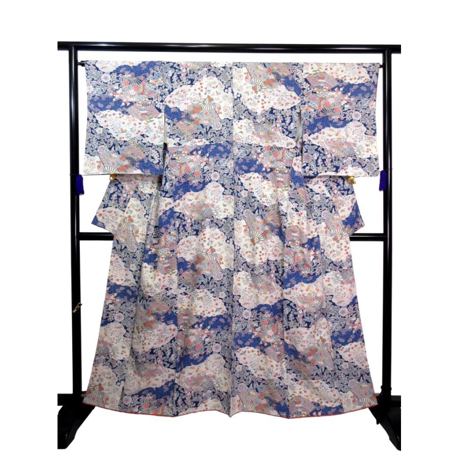 未使用  辻が花　青　白　小紋 正絹  ちりめん リサイクル　金彩加工　華やか　蝶々 扇文様　正月 お宮参り 七五三 パーティー お茶会  会食 普段着 | 