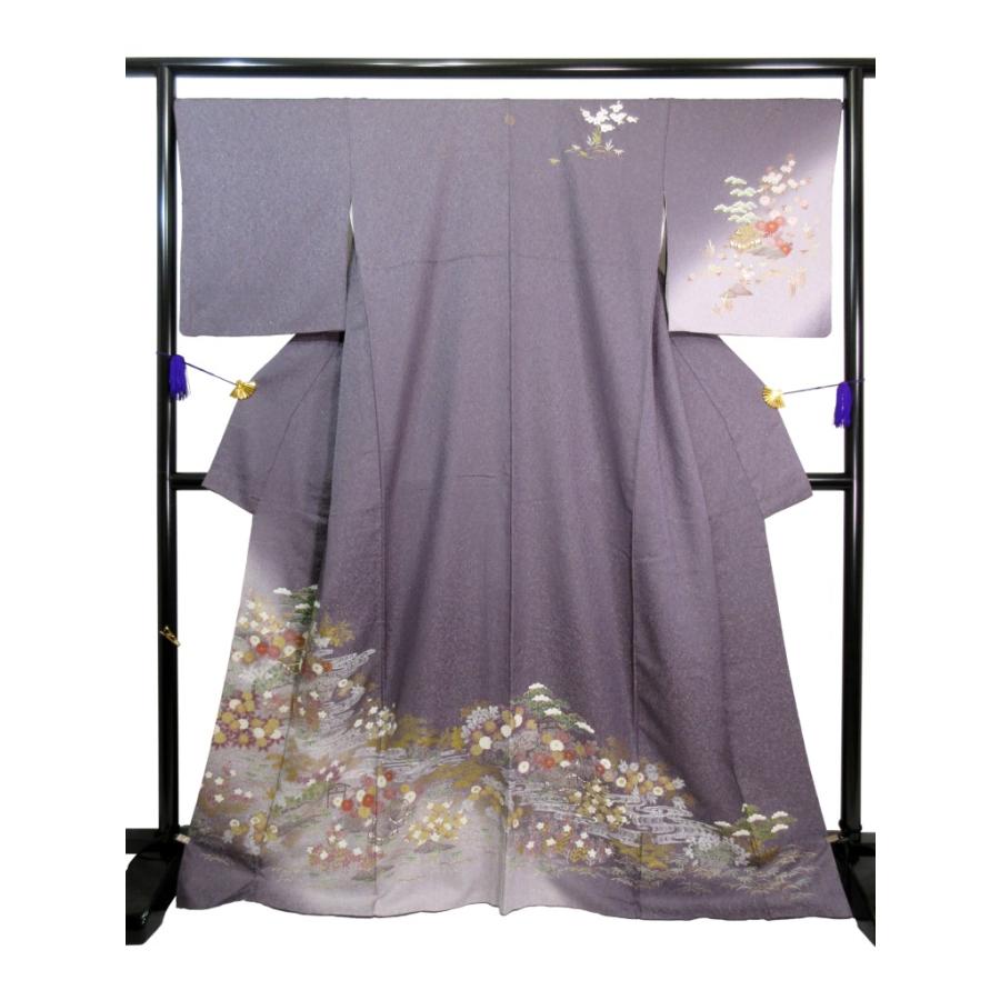 美品 一つ紋 紫 訪問着 正絹 リサイクル 金駒刺繍 キラキラ 豪華 松 菊 