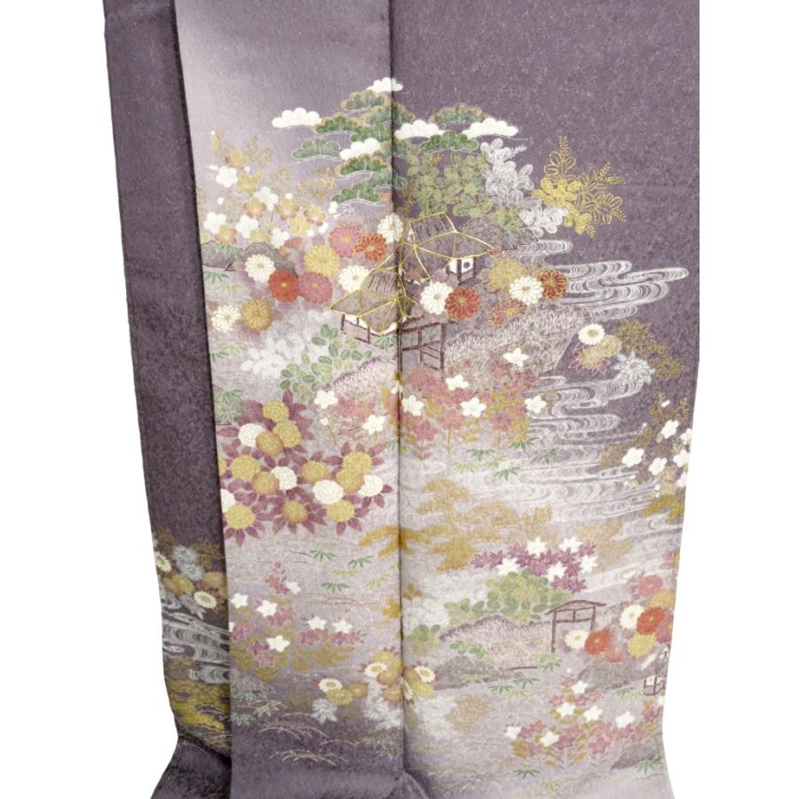 美品 一つ紋 紫 訪問着 正絹 リサイクル 金駒刺繍 キラキラ 豪華 松 菊 