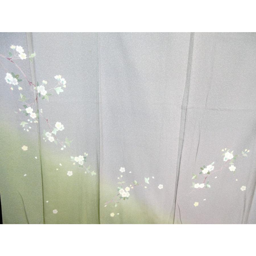未使用に近い 付下げ 正絹 ブルーグレー 緑 暈しリサイクル 桜 枝桜 