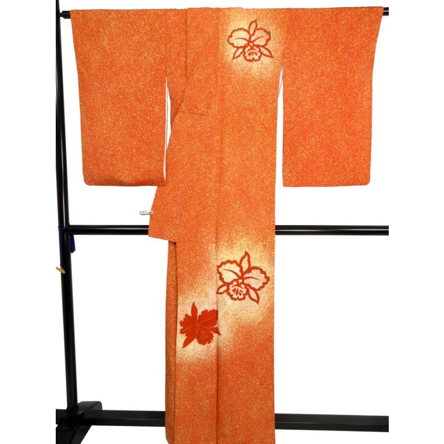 美品 オレンジ 付下げ 正絹 カトレア文様 洋花 たたき染め 金彩加工  