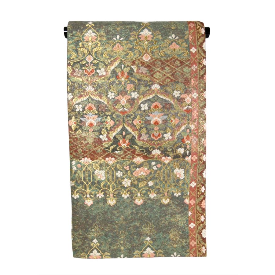 未使用　更紗文様　唐織　ふくれ織り　袋帯　緑色　正絹　リサイクル　金彩加工　訪問着　付け下げ　色無地　結婚式　披露宴 お茶会 オーダーバッグ | 