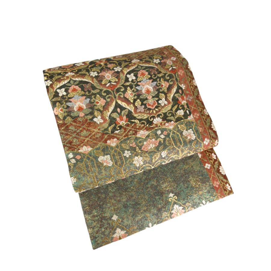 未使用　更紗文様　唐織　ふくれ織り　袋帯　緑色　正絹　リサイクル　金彩加工　訪問着　付け下げ　色無地　結婚式　披露宴 お茶会 オーダーバッグ |  | 02