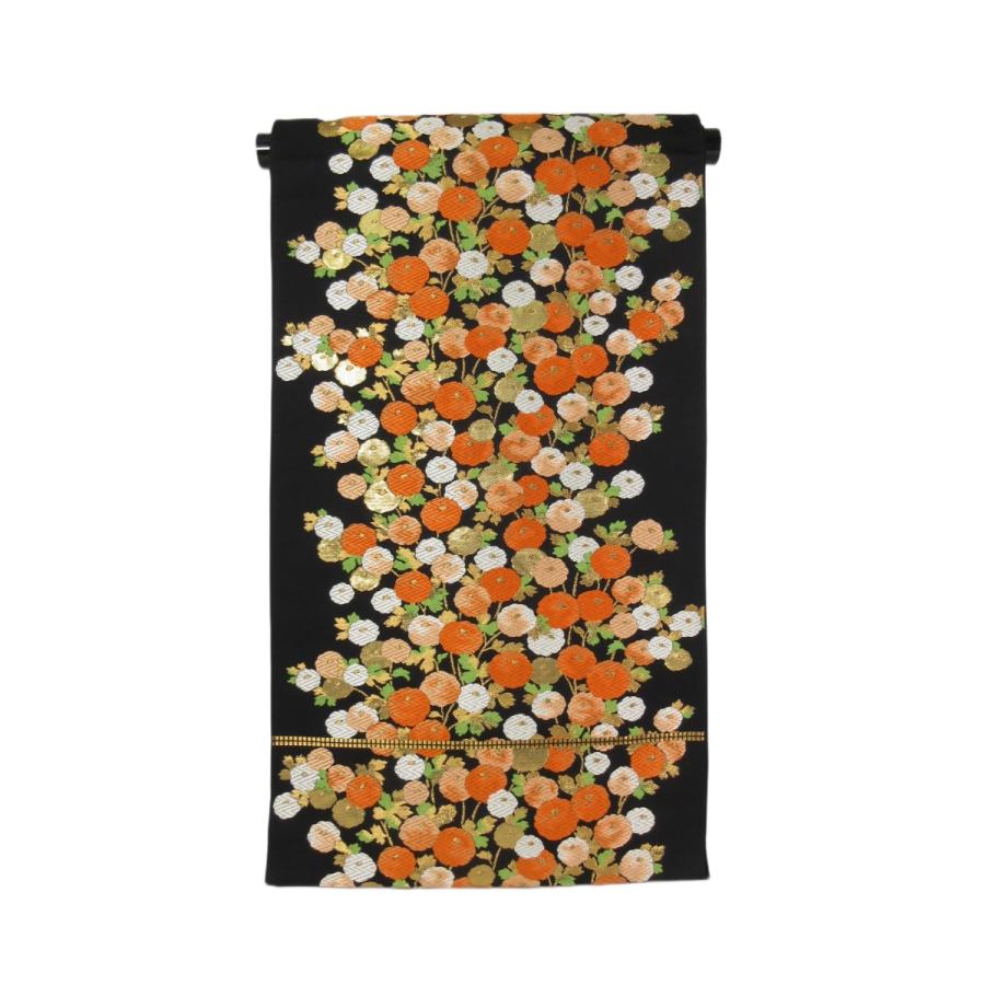 難なし　饅頭菊文様　袋帯　正絹　リサイクル　菊　刺繍　黒　金　オレンジ　花柄　訪問着　付け下げ　色無地　結婚式　披露宴 お茶会 オーダーバッグ | 