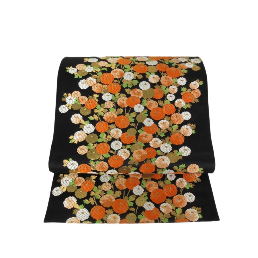 難なし　饅頭菊文様　袋帯　正絹　リサイクル　菊　刺繍　黒　金　オレンジ　花柄　訪問着　付け下げ　色無地　結婚式　披露宴 お茶会 オーダーバッグ |  | 01
