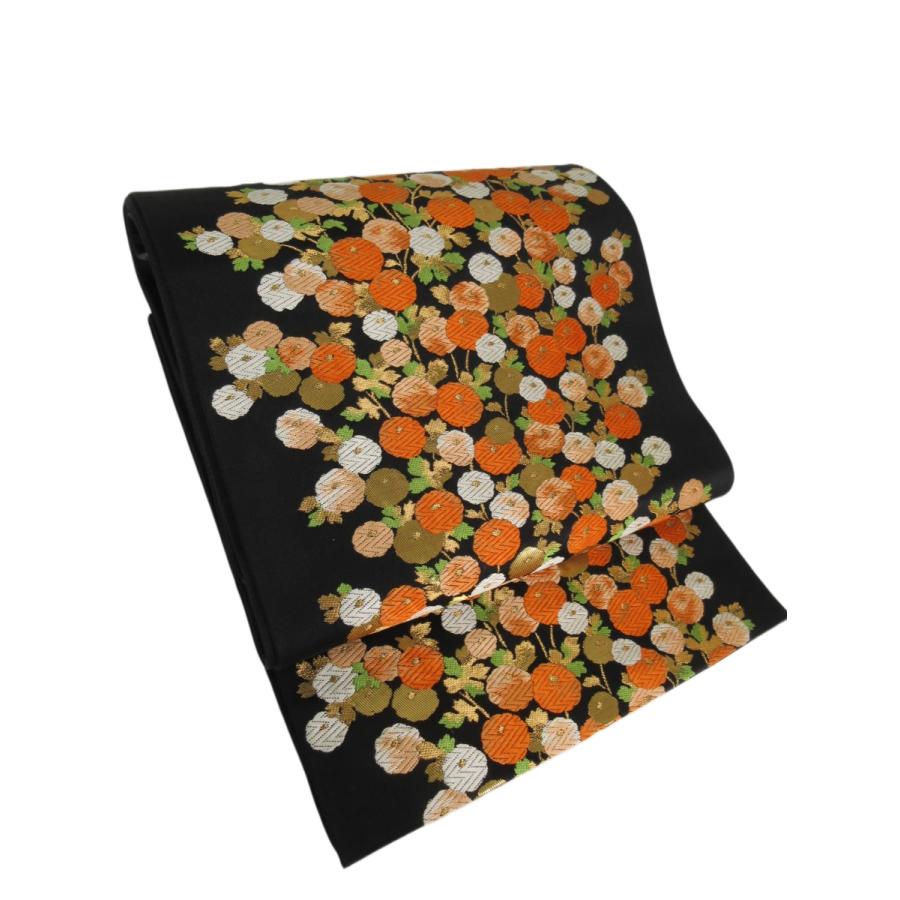 難なし　饅頭菊文様　袋帯　正絹　リサイクル　菊　刺繍　黒　金　オレンジ　花柄　訪問着　付け下げ　色無地　結婚式　披露宴 お茶会 オーダーバッグ |  | 02