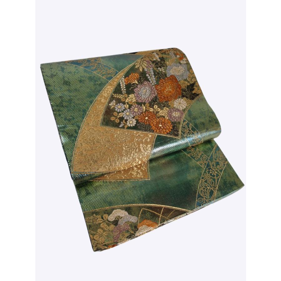 難なし　宝飾扇面蒔絵文様　袋帯　正絹　リサイクル　錦　グリーン　金　緑　花柄　訪問着　付け下げ　色無地　結婚式　披露宴 お茶会 オーダーバッグ |  | 02