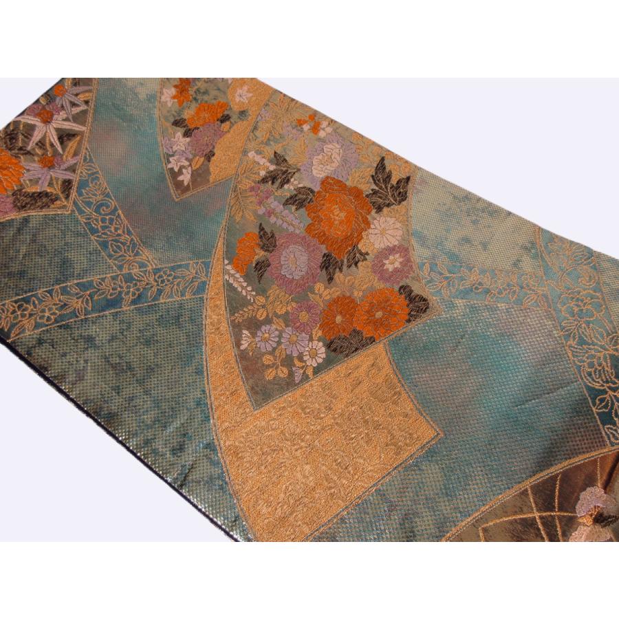 難なし　宝飾扇面蒔絵文様　袋帯　正絹　リサイクル　錦　グリーン　金　緑　花柄　訪問着　付け下げ　色無地　結婚式　披露宴 お茶会 オーダーバッグ |  | 05