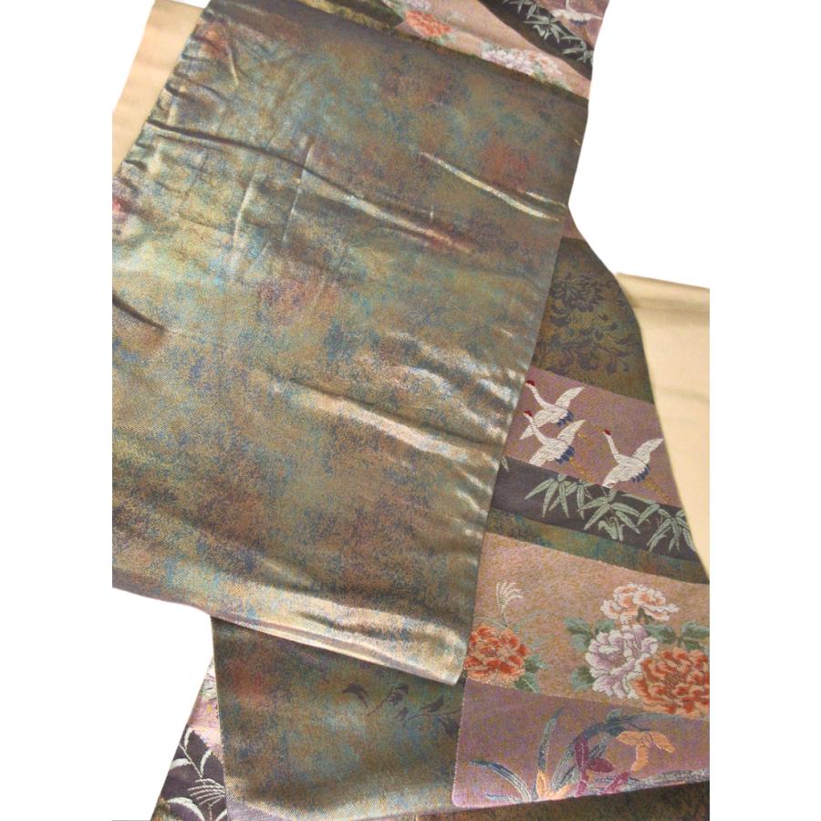 美品　金彩短冊文様　袋帯　正絹　焼箔　緑　リサイクル　グリーン　金　鶴　牡丹　訪問着　付け下げ　色無地　結婚式　披露宴 お茶会 オーダーバッグ |  | 11