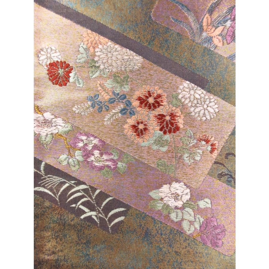 美品　金彩短冊文様　袋帯　正絹　焼箔　緑　リサイクル　グリーン　金　鶴　牡丹　訪問着　付け下げ　色無地　結婚式　披露宴 お茶会 オーダーバッグ |  | 04