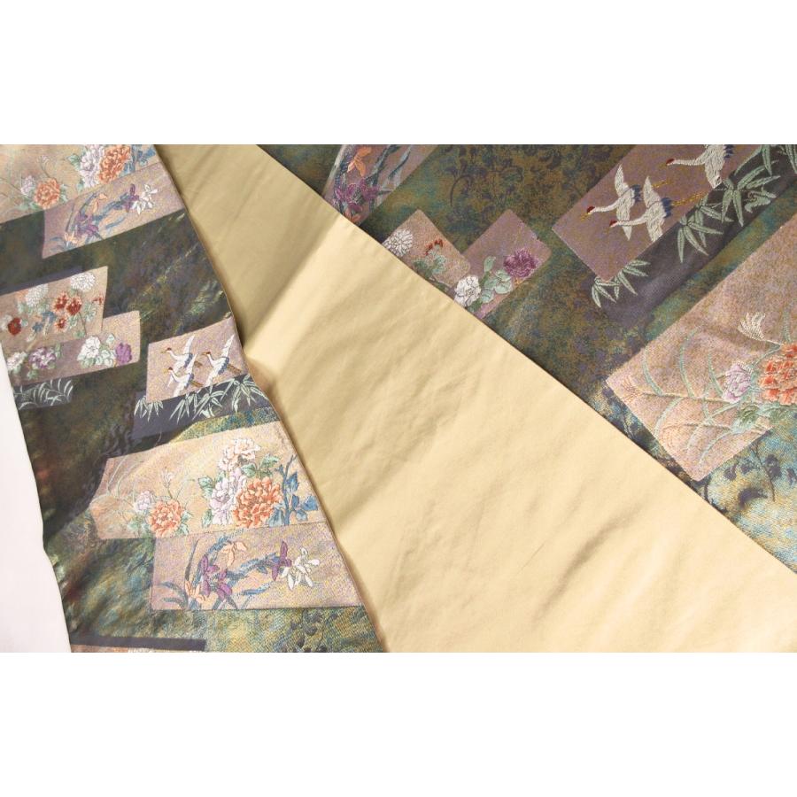 美品　金彩短冊文様　袋帯　正絹　焼箔　緑　リサイクル　グリーン　金　鶴　牡丹　訪問着　付け下げ　色無地　結婚式　披露宴 お茶会 オーダーバッグ |  | 09