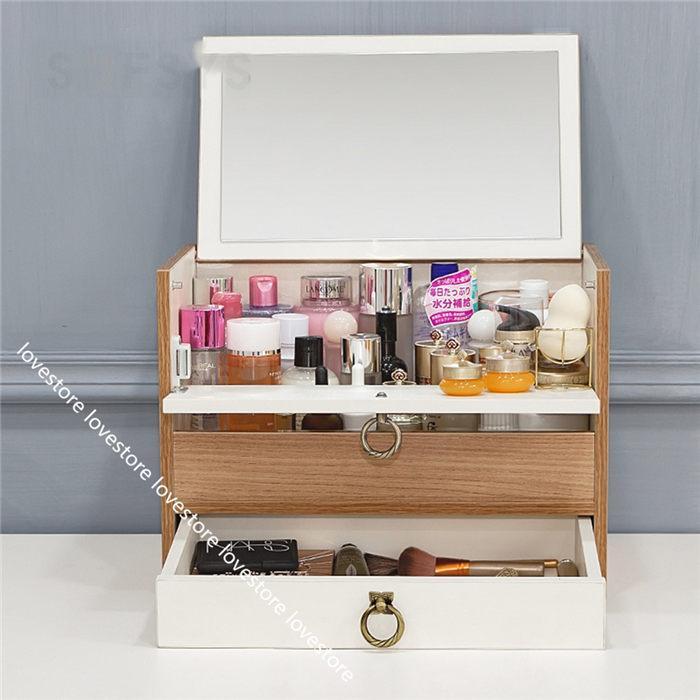 木製収納ボックス 鏡付き 2段引き出し