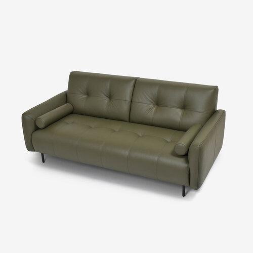 ②IDC大塚家具黒本革背クッションボルスター付きブラックレザーソファ